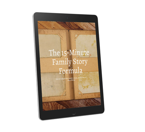 Black tablet displaying The 15-Minute Family Story Formula on a screen with a vintage photo album background.