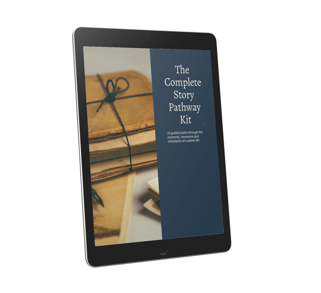 Black tablet displaying The Complete Story Pathway Kit cover with a photo of tied vintage papers.
