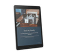 Black tablet displaying Find My Family: A 5-Step Guide to Tracing Your Family History digital guide on the screen.