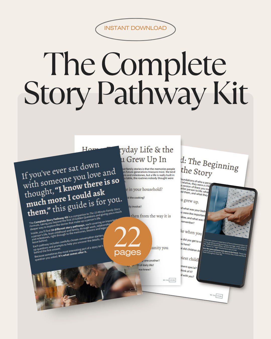 Four printed guide pages fanned out with a 22 pages badge, titled The Complete Story Pathway Kit.