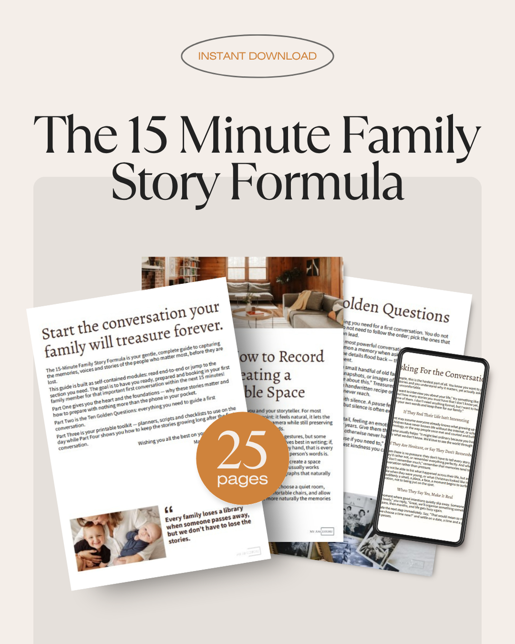 Three printed pages and a photo collage titled The 15 Minute Family Story Formula with a 25 pages badge.