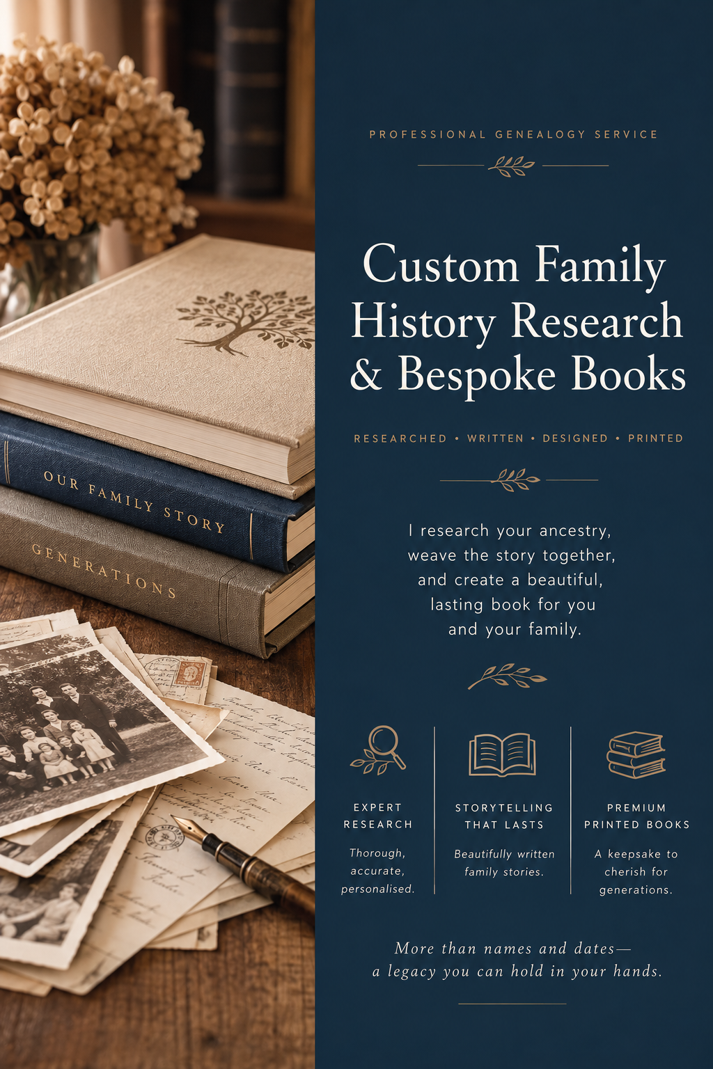 Three fabric books stacked by old photos and a fountain pen. Text reads Custom Family History Research & Bespoke Books.