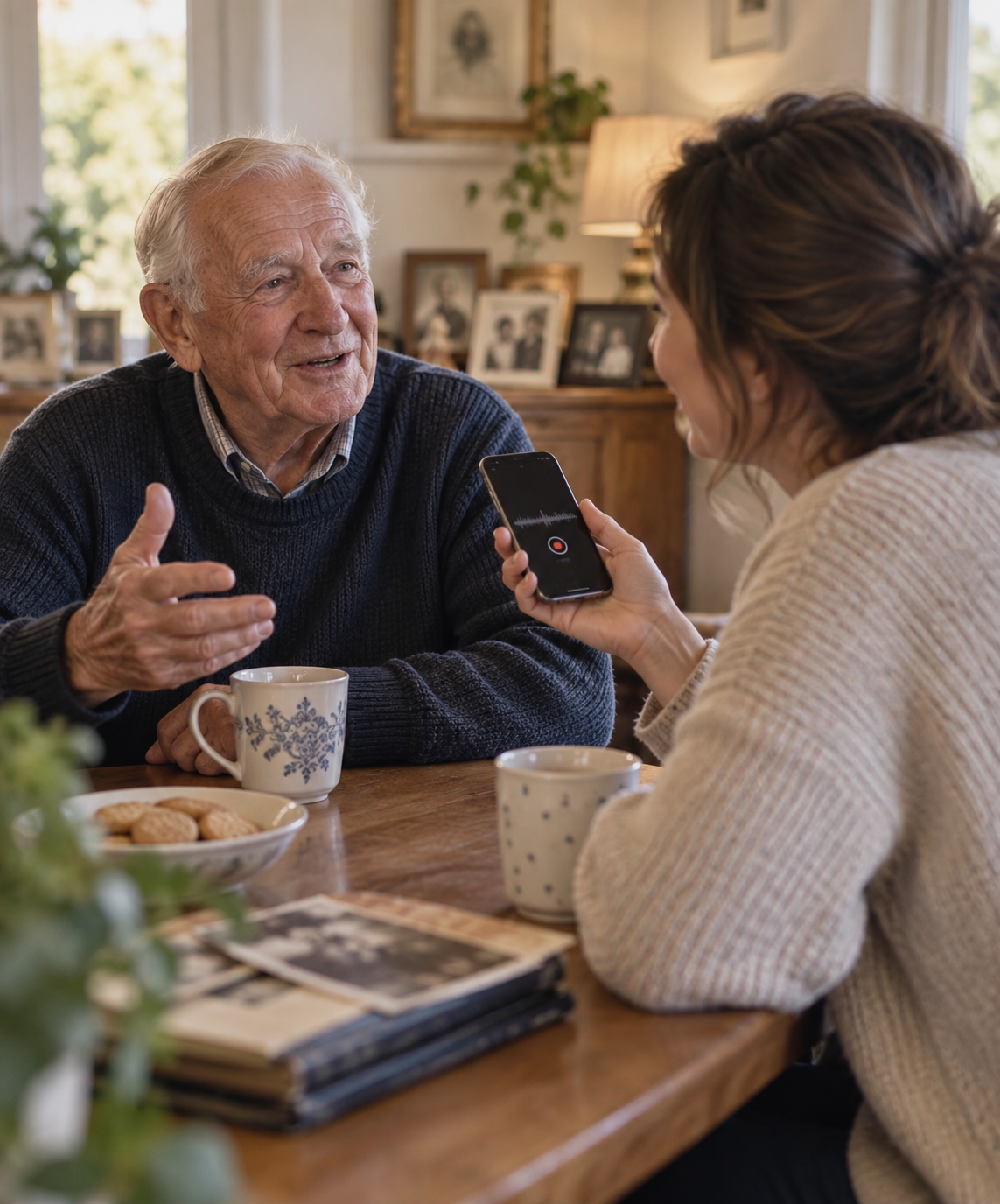 A woman records an elderly man speaking using a smartphone at a wooden table with tea mugs and old photographs.