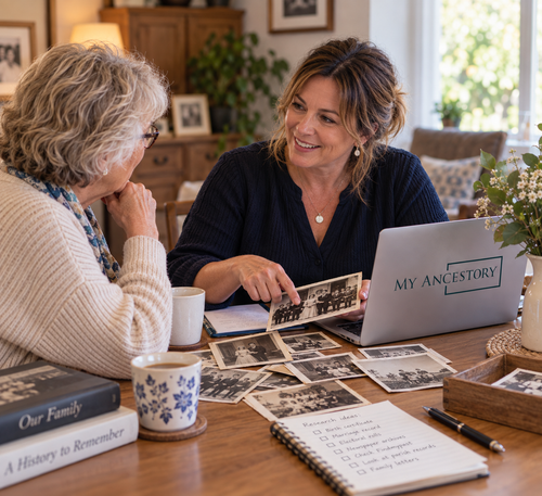 Two women look at old photos and a laptop with My Ancestry on the screen, surrounded by books and a research checklist.