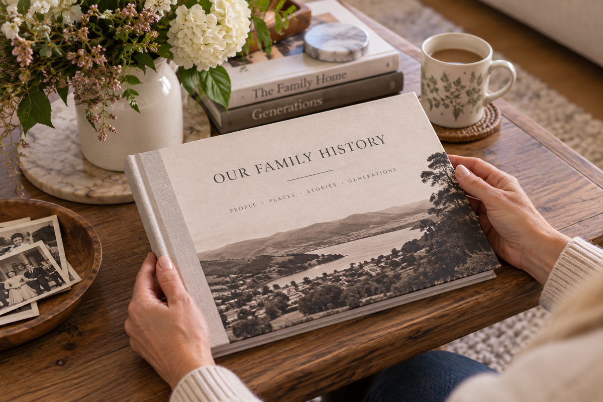 Hands holding a fabric book titled Our Family History on a wooden table with old photos, a coffee mug, and flowers.