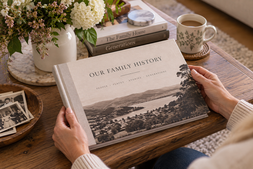 Hands holding a fabric book titled Our Family History on a wooden table with old photos, a coffee mug, and flowers.